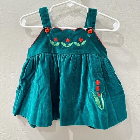 Vintage Christmas Holly Emerald Green Velvet Pinnie Dress - Picture 1 of 8